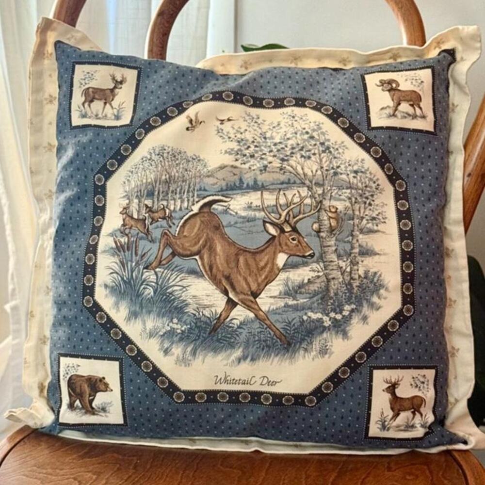 Vintage whitetail deer and bear wildlife throw pillow grandmacore cottagecore